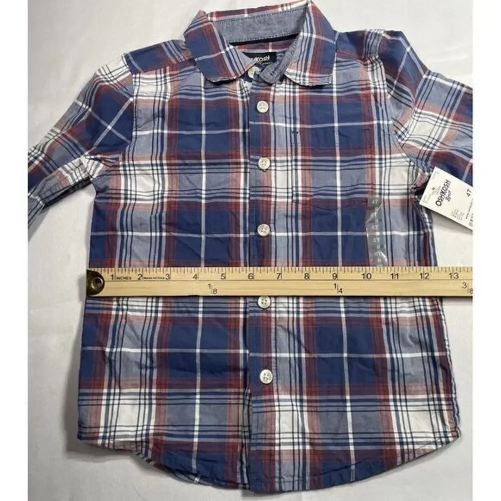 OshKosh B'Gosh Boys Button-Up Shirt Long Sleeve Red/Grey‎ Plaid Size 4T NWT